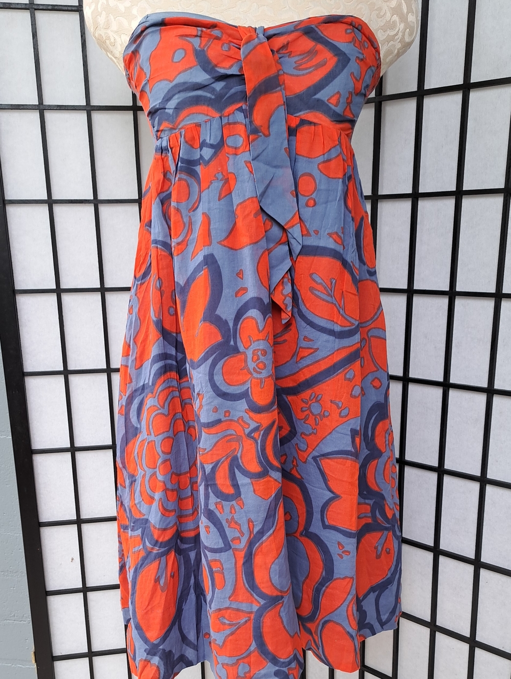 Anthropologie Strapless Floral Midi Dress - Orange & Blue